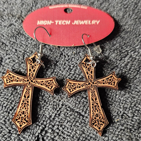 Cross Wood Engraved Earrings